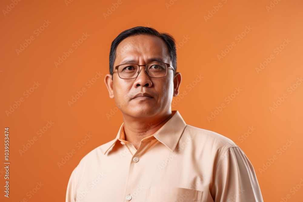 Portrait of mature Asian man in glasses and beige shirt. Portrait of mature Asian man in glasses and beige shirt.