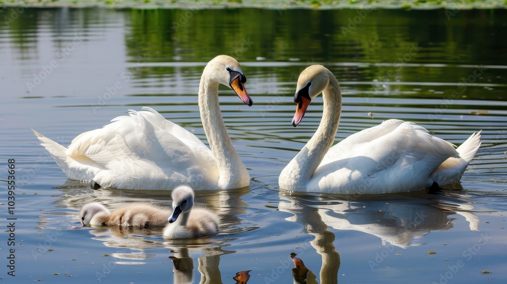 Obraz premium Swans and Cygnets Swimming in Calm Water