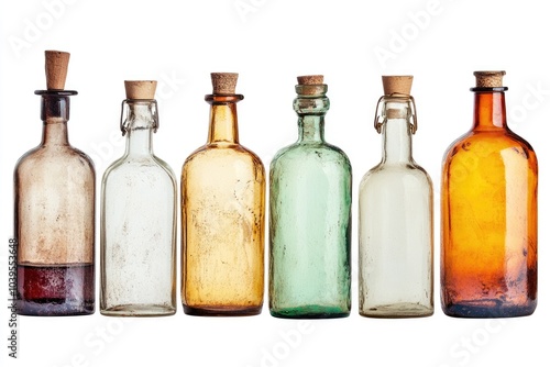 Six Vintage Glass Bottles with Cork Stoppers