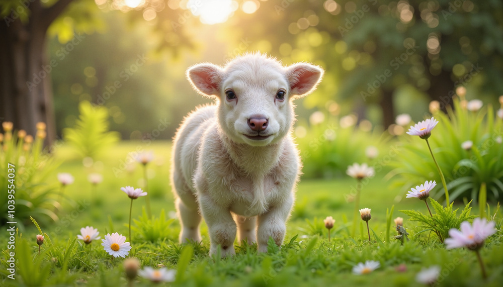 Fototapeta premium Lamb Standing in Flower Field at Sunrise