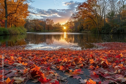 the sun is setting over a lake surrounded by leaves