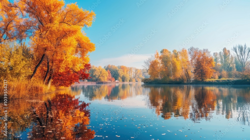 Obraz premium Colorful Autumn Riverside Scene with Reflection