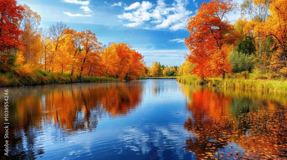 Colorful Autumn Riverscape with Reflections Colorful Autumn Riverscape with Reflections