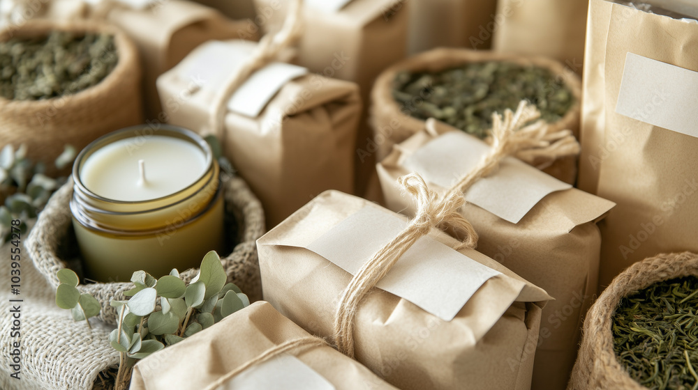 Close-up view presents eco-friendly packaging filled with artisanal goods, including hand-poured candles, herbal teas, and cloth bags for reuse Close-up view presents eco-friendly packaging filled with artisanal goods, including hand-poured candles, herbal teas, and cloth bags for reuse