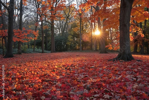 the sun is shining through the trees in the park