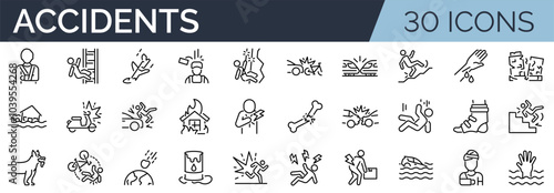 Set of 30 outline icons related to accidents. Linear icon collection. Editable stroke. Vector illustration