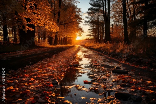 the sun shines through the trees as it reflects in a puddle of water