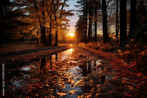 the sun shines through the trees as it reflects in a puddle of water