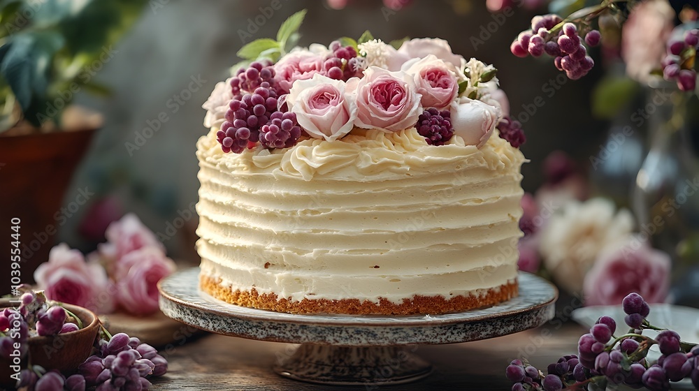 Elegant multi-layered cake covered in smooth buttercream frosting and adorned with an arrangement of beautiful pink roses and fresh berries on the top. Elegant multi-layered cake covered in smooth buttercream frosting and adorned with an arrangement of beautiful pink roses and fresh berries on the top.