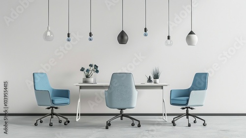 two blue chairs sitting at a white table
