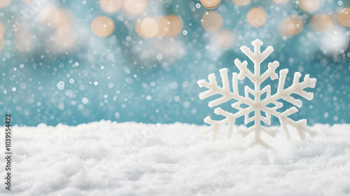 Close up of snowflake on blurred winter background. Seasonal Christmas banner with snow..