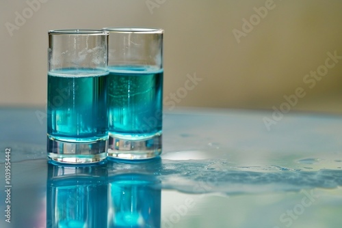 two glasses of blue liquid sitting on a table