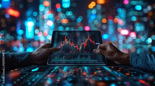 two hands holding a tablet with a chart on it