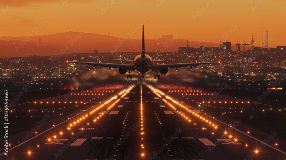 Airplane Landing on Runway at Sunset Airplane Landing on Runway at Sunset