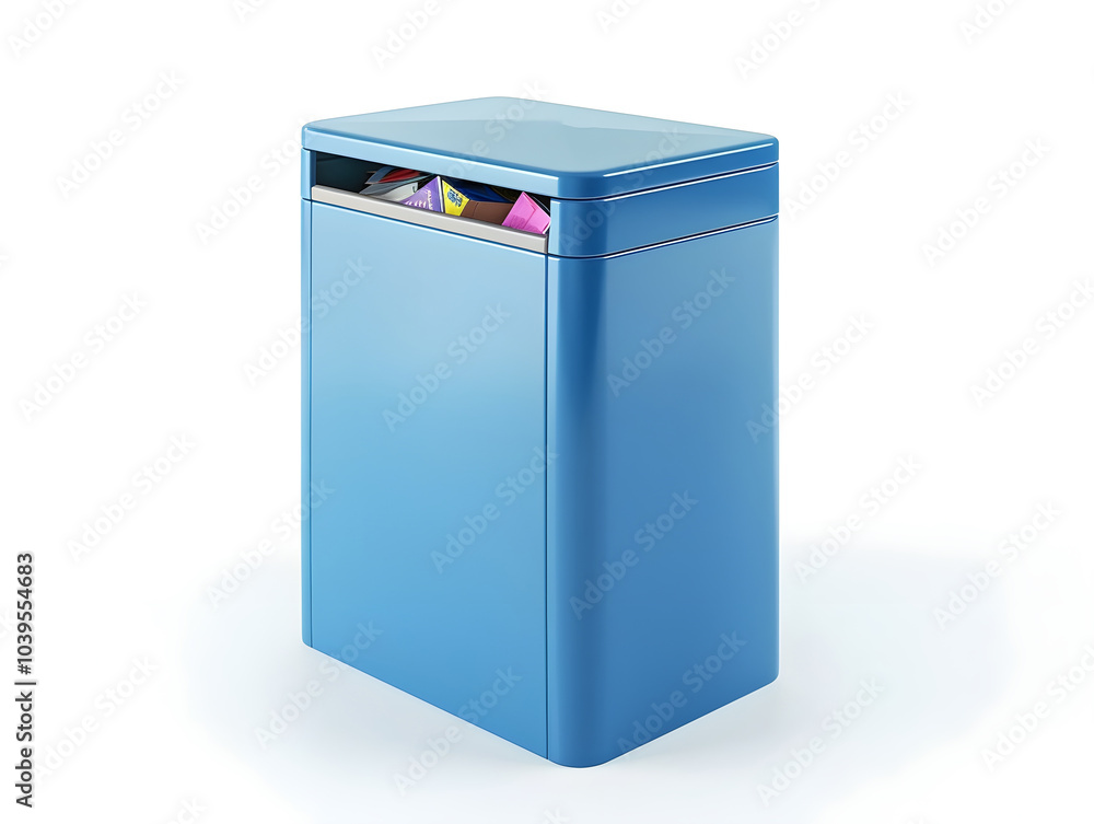 Blue container for disposing of paper and cardboard on a white background, representing the concept of waste sorting and recycling Blue container for disposing of paper and cardboard on a white background, representing the concept of waste sorting and recycling