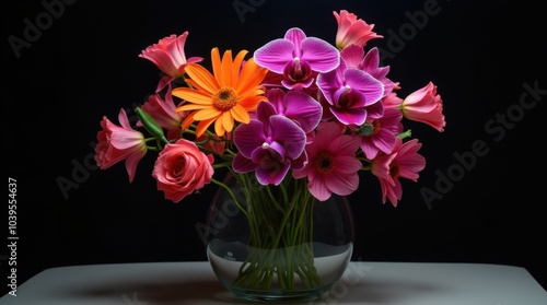 A striking still life arrangement features flowers in a glass vase, showcasing deep purple orchids alongside fiery orange lilies.