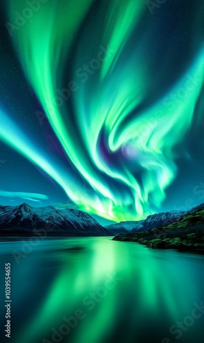 Green aurora borealis over mountains and water.