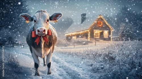 Cow in a Snowy Field with Holiday Decorations