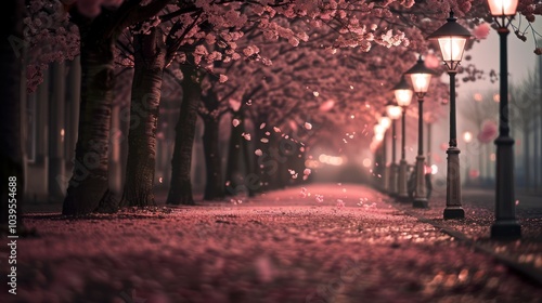 Cherry Blossom Path Under Street Lights