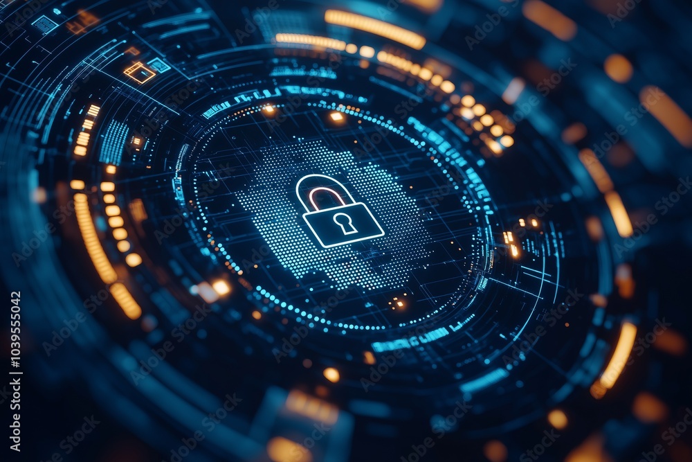 Digital padlock displaying futuristic cybersecurity technology Digital padlock displaying futuristic cybersecurity technology