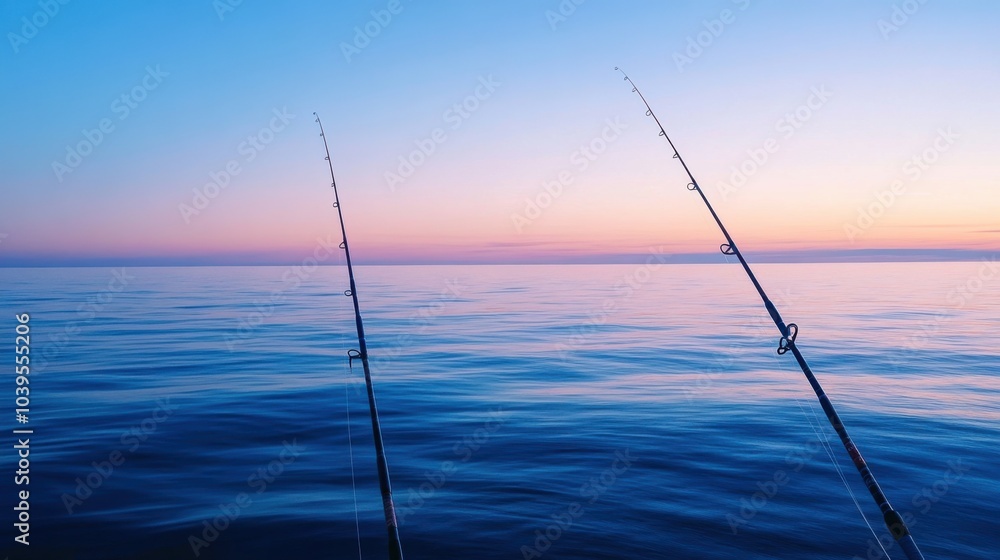 A serene sea fishing spot at sunrise, Fishing rods against calm ocean waters, Coastal tranquility style A serene sea fishing spot at sunrise, Fishing rods against calm ocean waters, Coastal tranquility style