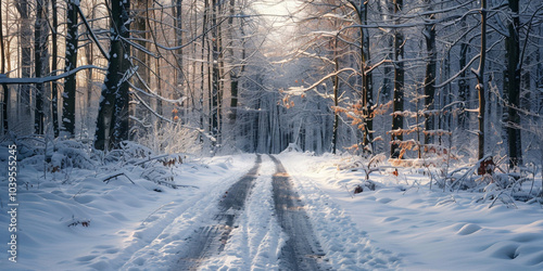 A snowy road with trees and snow on it