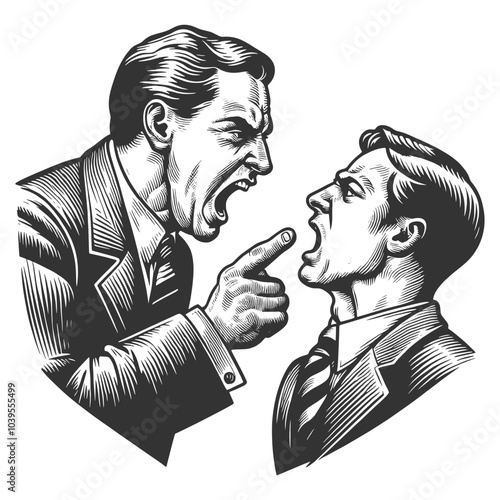furious boss yelling at a calm employee, workplace conflict or confrontation sketch engraving generative ai fictional character vector illustration. Scratch board imitation. Black and white image.