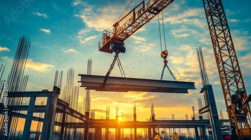 Wallpaper Mural Crane lifting steel beams for a new commercial building, showcasing heavy construction equipment in action.  Torontodigital.ca