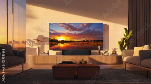 Modern Living Room with Sunset View on TV