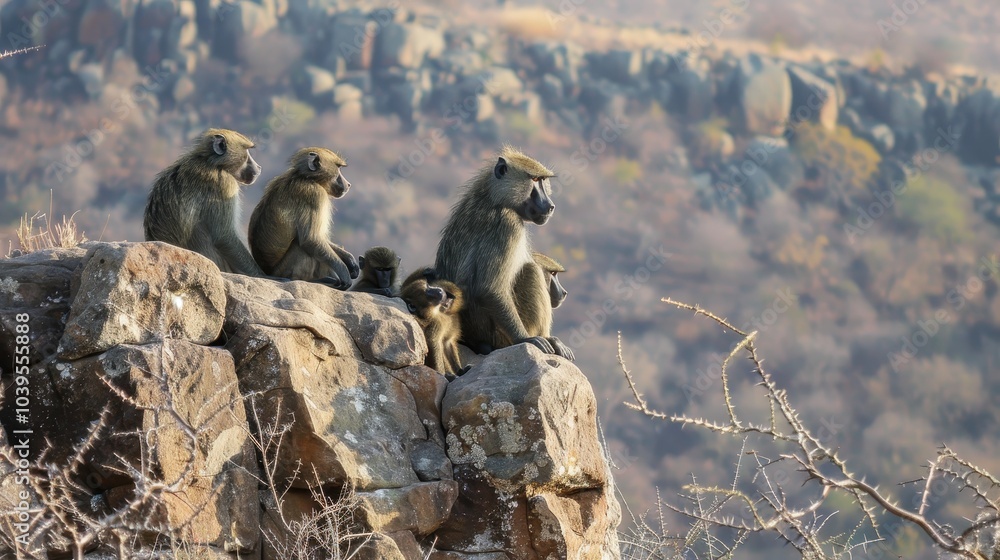 Obraz premium Baboons Grooming Each Other on a Rock
