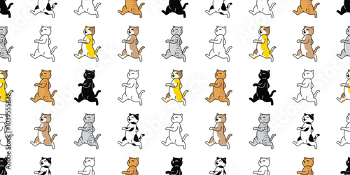 cat seamless pattern kitten walking running calico neko vector cartoon pet doodle gift wrapping paper tile background repeat wallpaper scarf isolated illustration design