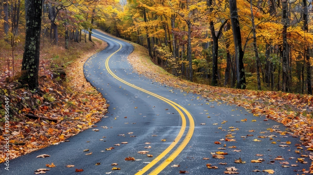 Fototapeta premium Winding Road Through Dense Autumn Forest