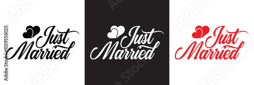 Just married lettering calligraphy.  Vector illustration isolated on white and black background. EPs 10