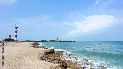 Beautiful view of Okha Beach and the lighthouse, Okha, Devbhoomi Dwarka, Gujarat, India. photo