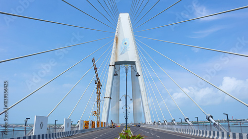 Photography View of the newly built Sudarshan Setu, a cable-stayed bridge inaugurated in February 2024, Okha, Devbhoomi Dwarka, Gujarat, India
