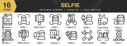 Selfie icon set. Editable Stroke Icon Collection. Includes capture, filter, good hand, selfie, stick, and More. Outline icons vector collection.