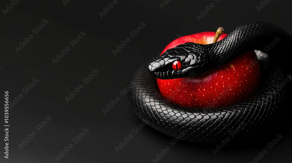 Obraz premium black snake is coiled around shiny red apple, creating striking contrast against dark background. scene evokes sense of intrigue and mystery