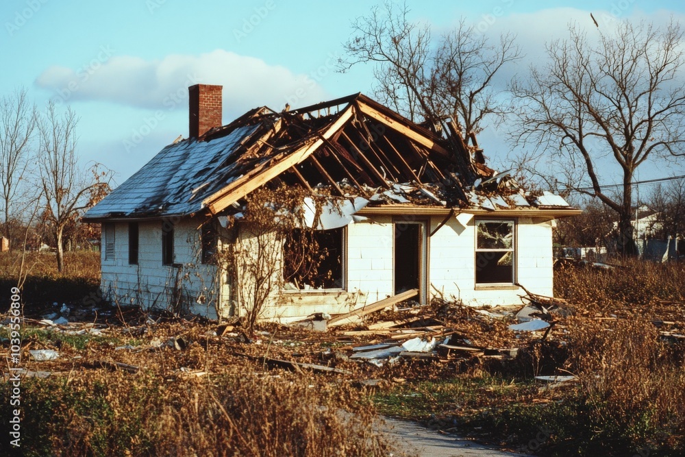 This image features a home with a collapsed roof, debris scattered, bare trees, which together portray the overwhelming aftermath and poignant reminder of destruction. This image features a home with a collapsed roof, debris scattered, bare trees, which together portray the overwhelming aftermath and poignant reminder of destruction.