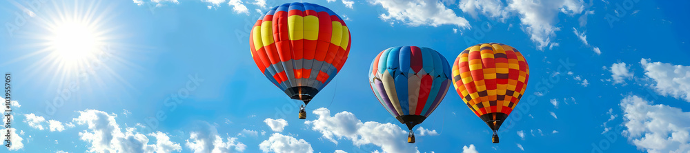 Vibrant Hot Air Balloon in the Sky: Scenic View with Cloudy Backdrop Vibrant Hot Air Balloon in the Sky: Scenic View with Cloudy Backdrop