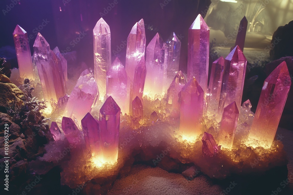 Violet crystal formations emit a warm and inviting glowing light, creating an ethereal and visually striking contrast against a shadowed background. Violet crystal formations emit a warm and inviting glowing light, creating an ethereal and visually striking contrast against a shadowed background.