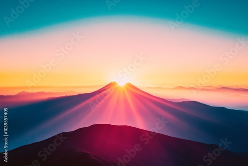 A breathtaking sunrise with vibrant rays spreading across mountain peaks, creating an awe-inspiring scene of nature's beauty. The sky is painted with vibrant colors.