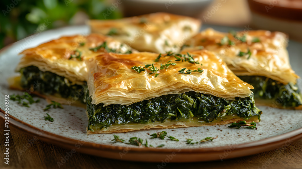 A traditional serving of Spanakopita, with golden, flaky filo pastry filled with a savory mixture of spinach, feta cheese, and herbs, arranged in a neat triangle on a ceramic plate A traditional serving of Spanakopita, with golden, flaky filo pastry filled with a savory mixture of spinach, feta cheese, and herbs, arranged in a neat triangle on a ceramic plate