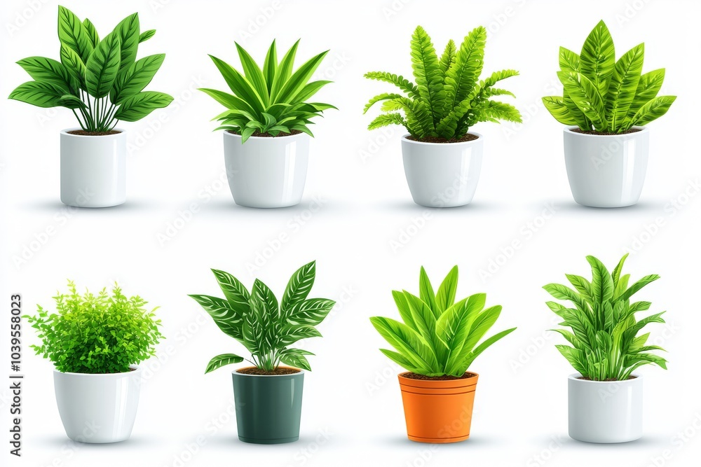 Obraz premium Realistic potted houseplants in modern white planters perfect for stylish home decor eco friendly living spaces and small space gardening