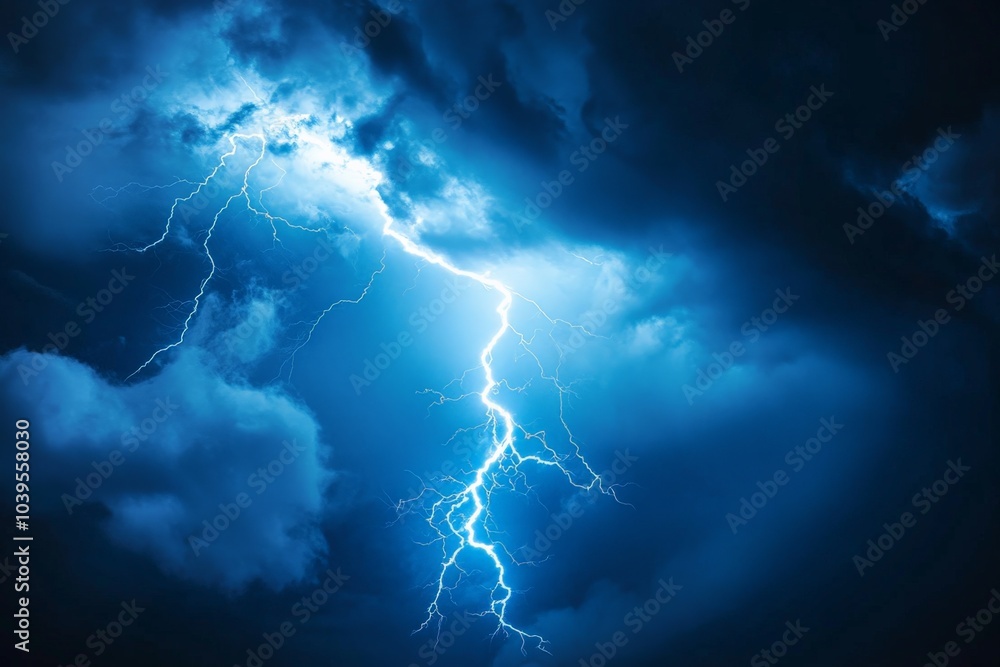 An awe-inspiring view of a bright blue lightning bolt cutting across a dark, cloud-laden sky, capturing the element's fierce and raw power in nature. An awe-inspiring view of a bright blue lightning bolt cutting across a dark, cloud-laden sky, capturing the element's fierce and raw power in nature.