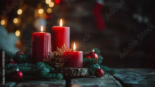 A row of candles on a mantle, with some of them lit. The candles are in various sizes and colors, including red, yellow, and white. The scene has a warm and cozy atmosphere