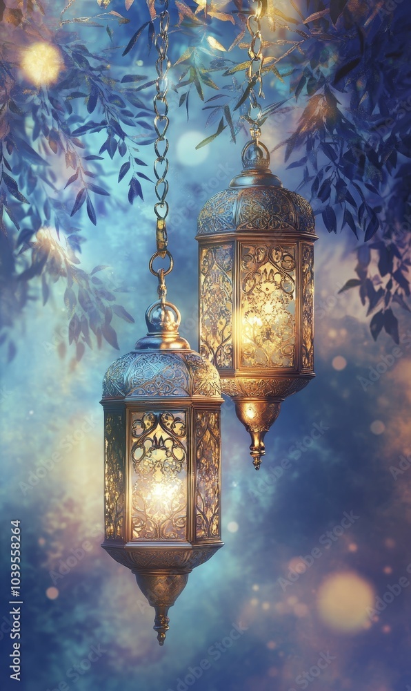 Ornate lanterns hanging from tree branches. Ornate lanterns hanging from tree branches.