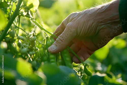 A sunlit scene features a hand collecting green pea pods from lively pea plants, representing the timeless bond between humans and farming traditions. photo