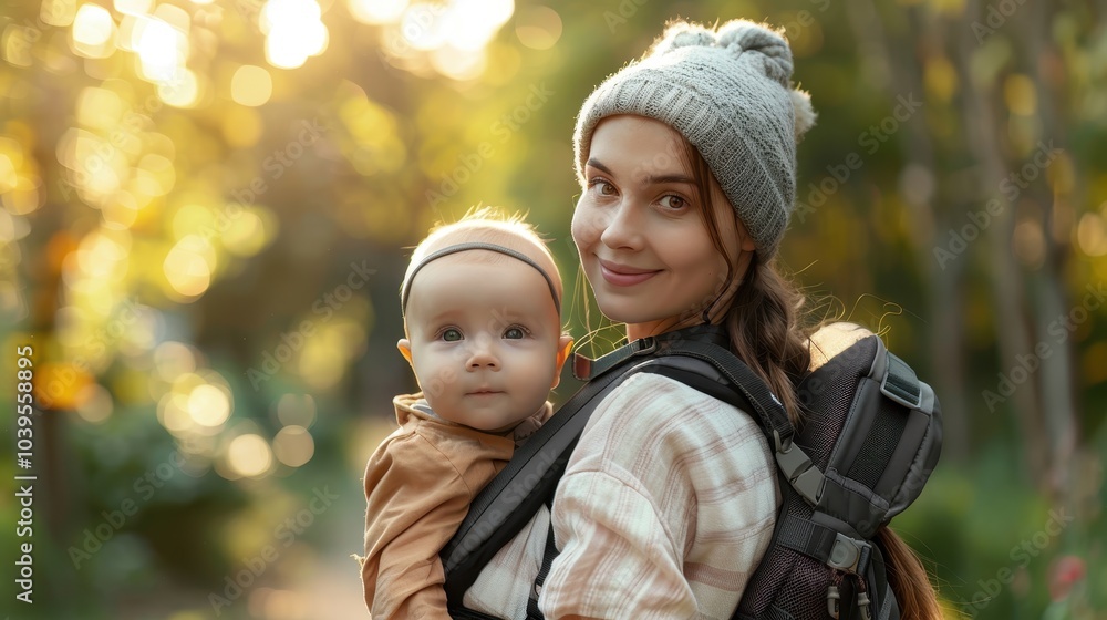 Obraz premium Woman carrying baby on her back in a forest during golden hour.