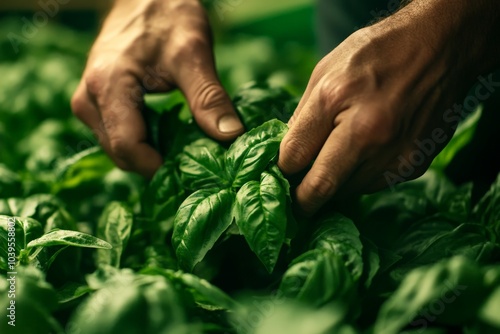 Close-up of a gardener's hands plucking fresh basil leaves in a lush, vibrant garden, emphasizing the gentle care and precision involved in home gardening.