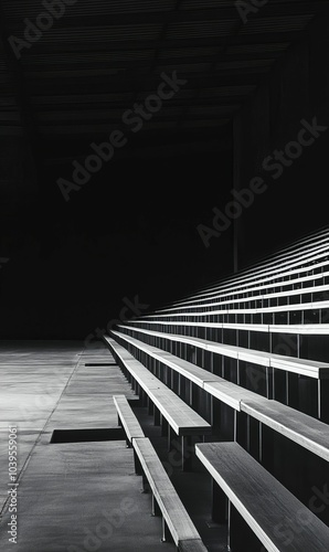 Empty stadium bleachers in a dark setting.